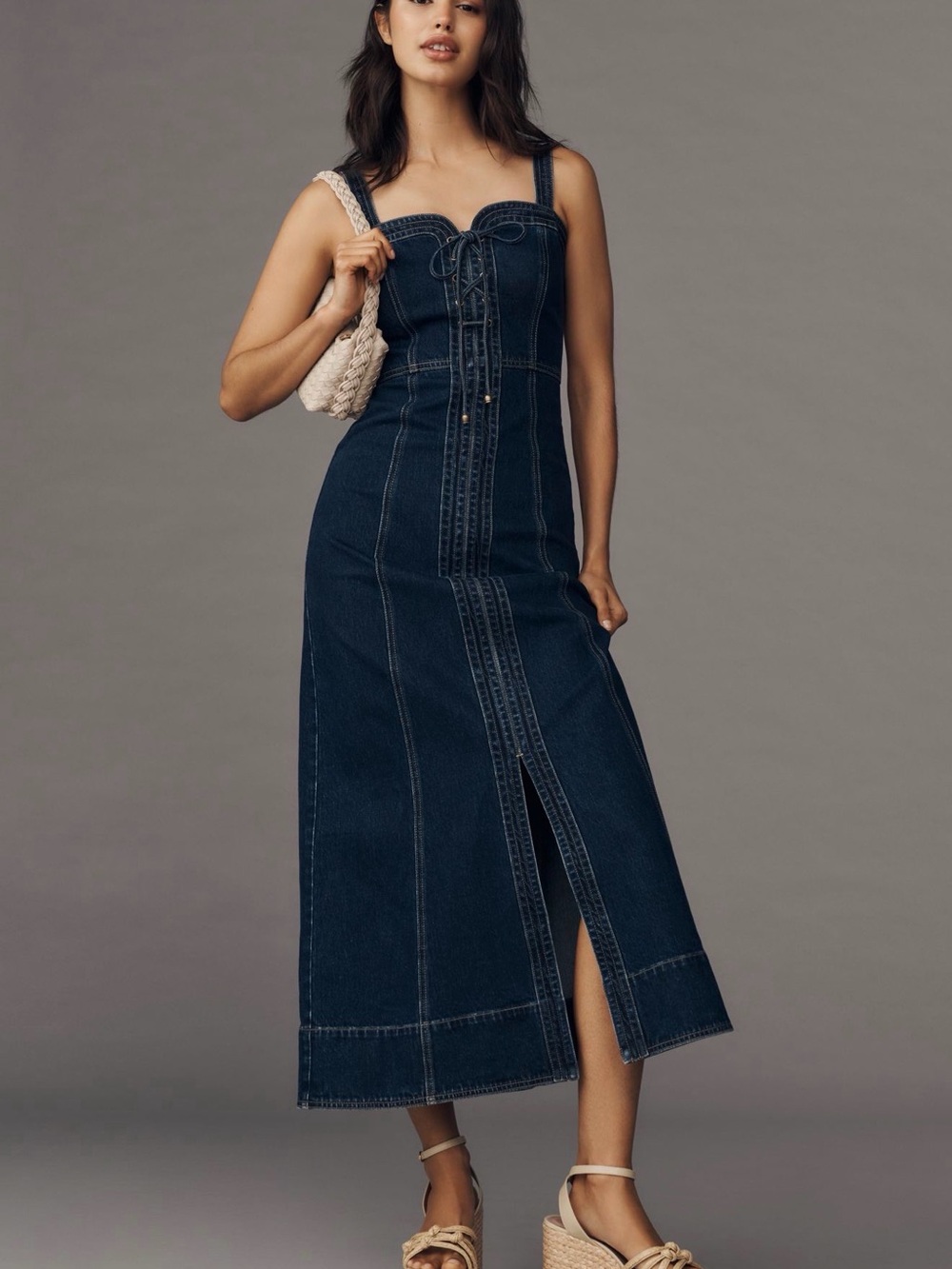 Kivari Dark Denim Midi Dress with Front Lace-Up